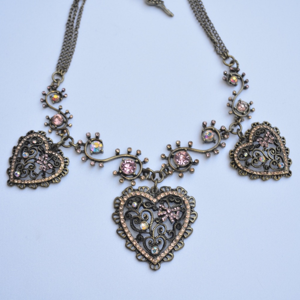 Betsey Johnson Vintage Filigree Hearts Crystal Necklace